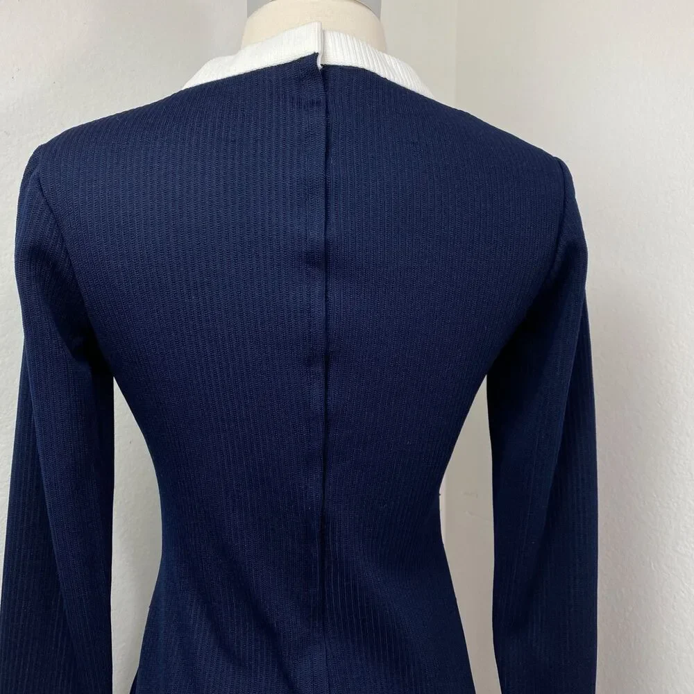 Vintage 70s Navy Blue Ribbed Knit Maxi Dress White Trim Med Dark Academia Boho